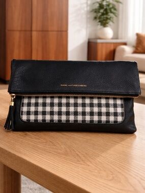 Diane von Furstenberg Black Leather Fold-Over Clutch with Gingham Panel